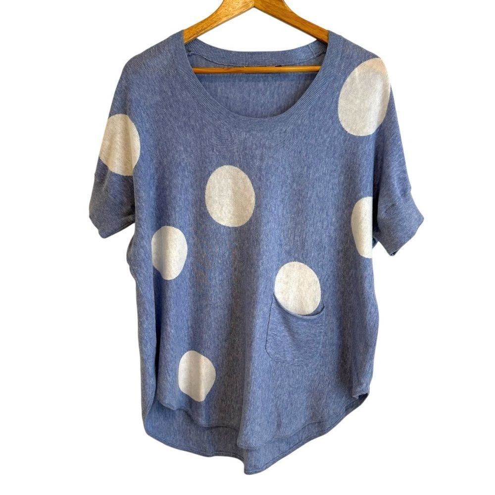 Zaket & Plover Blue and White Polka Dot Short Sleeve Linen Blend Sweater Size M